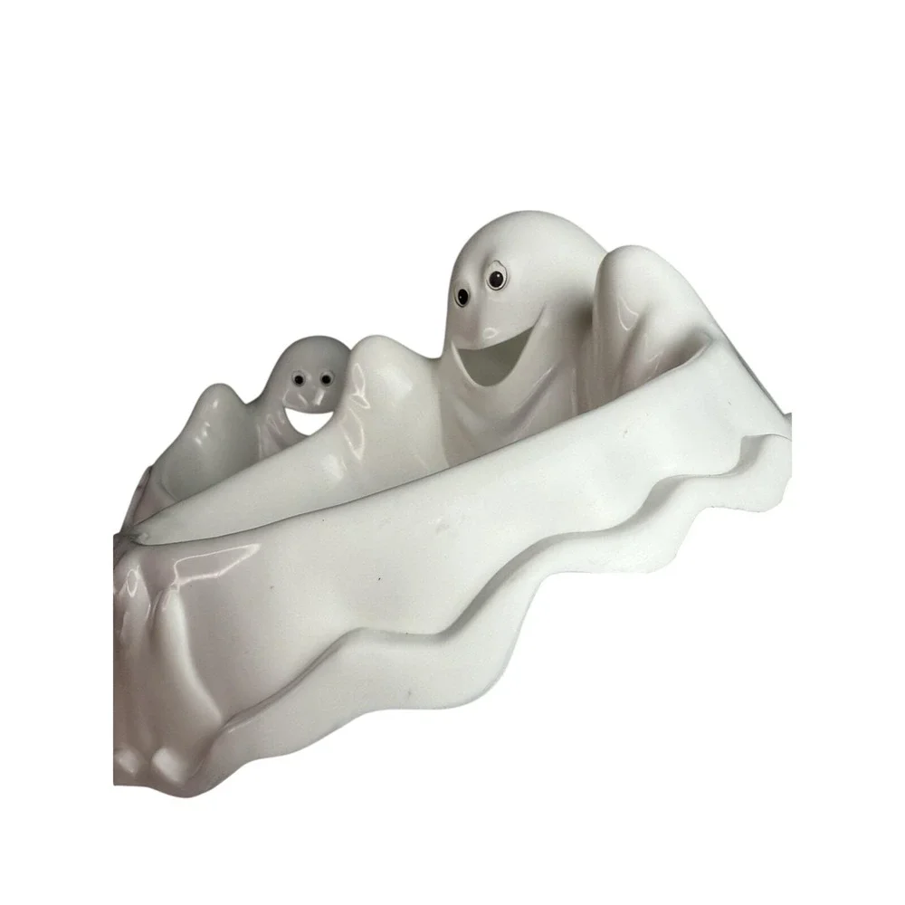 TWO- Vintage 90s Y2K Halloween Plastic‎ White Ghost Candy Dish Tray Bowl Spooky
